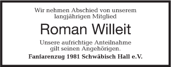 Traueranzeige von Roman Willeit von Haller Tagblatt