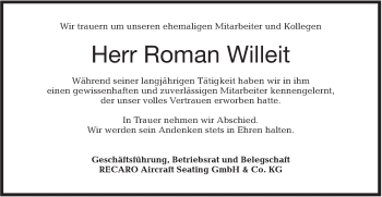 Traueranzeige von Roman Willeit von Haller Tagblatt