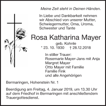 Traueranzeige von Rosa Katharina Mayer von SÜDWEST PRESSE Ausgabe Ulm/Neu-Ulm