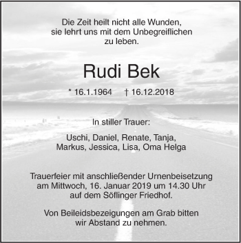 Traueranzeige von Rudi Bek von SÜDWEST PRESSE Ausgabe Ulm/Neu-Ulm