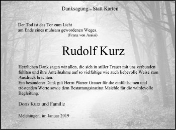 Traueranzeige von Rudolf Kurz von Hohenzollerische Zeitung