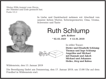 Traueranzeige von Ruth Schlump von Hohenloher Tagblatt