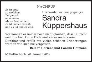 Traueranzeige von Sandra Küppershaus von Haller Tagblatt