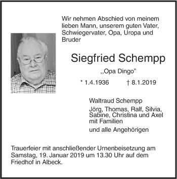 Traueranzeige von Siegfried Schempp von SÜDWEST PRESSE Ausgabe Ulm/Neu-Ulm