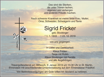 Traueranzeige von Sigrid Fricker von SÜDWEST PRESSE Ausgabe Ulm/Neu-Ulm