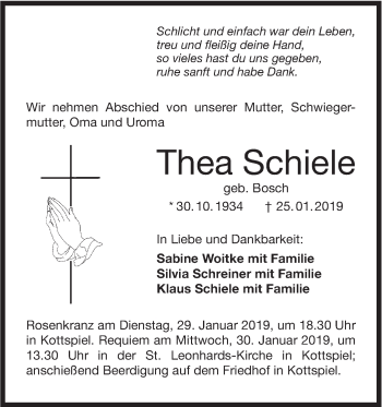 Traueranzeige von Thea Schiele von Haller Tagblatt