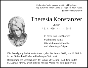 Traueranzeige von Theresia Konstanzer von Hohenzollerische Zeitung