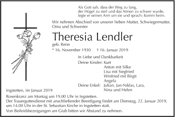 Traueranzeige von Theresia Lendler von Metzinger-Uracher Volksblatt