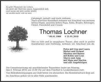 Traueranzeige von Thomas Lochner von Hohenloher Tagblatt