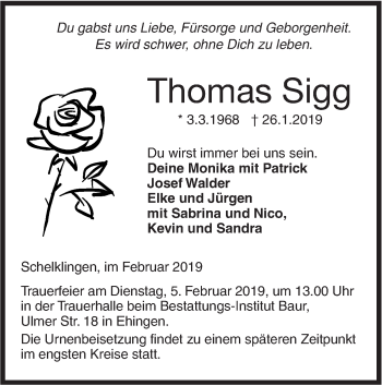 Traueranzeige von Thomas Sigg von Ehinger Tagblatt