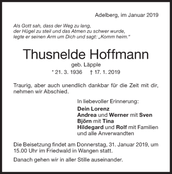 Traueranzeige von Thusnelde Hoffmann von NWZ Neue Württembergische Zeitung