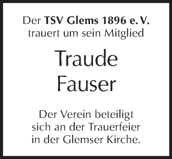 Traueranzeige von Traude Fauser von Metzinger-Uracher Volksblatt