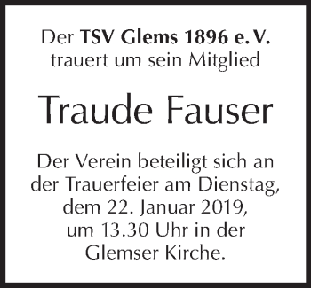 Traueranzeige von Traude Fauser von Metzinger-Uracher Volksblatt