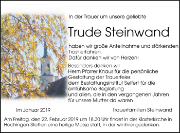 Traueranzeige von Trude Steinwand von Hohenzollerische Zeitung