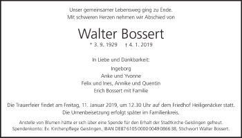 Traueranzeige von Walter Bossert von Geislinger Zeitung