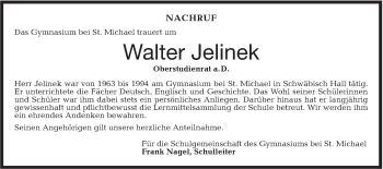 Traueranzeige von Walter Jelinek von Haller Tagblatt