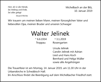 Traueranzeige von Walter Jelinek von Haller Tagblatt