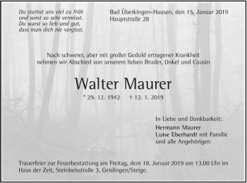 Traueranzeige von Walter Maurer von Geislinger Zeitung