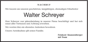 Traueranzeige von Walter Schreyer von Haller Tagblatt