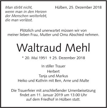 Traueranzeige von Waltraud Mehl von Alb-Bote/Metzinger-Uracher Volksblatt