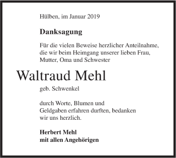 Traueranzeige von Waltraud Mehl von Metzinger-Uracher Volksblatt