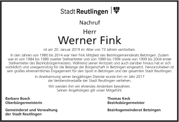 Traueranzeige von Werner Fink von Metzinger-Uracher Volksblatt