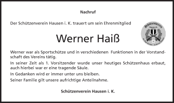 Traueranzeige von Werner Haiß von Hohenzollerische Zeitung