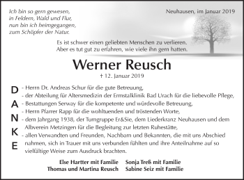 Traueranzeige von Werner Reusch von Metzinger-Uracher Volksblatt