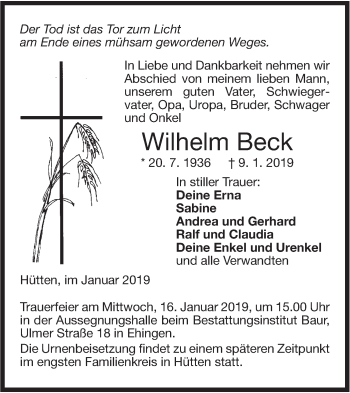 Traueranzeige von Wilhelm Beck von Ehinger Tagblatt/Alb-Bote