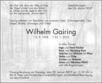 Traueranzeige von Wilhelm Gairing von Geislinger Zeitung