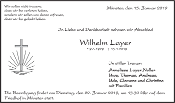 Traueranzeige von Wilhelm Layer von Rundschau Gaildorf