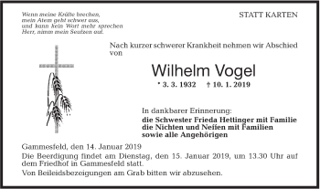 Traueranzeige von Wilhelm Vogel von Hohenloher Tagblatt