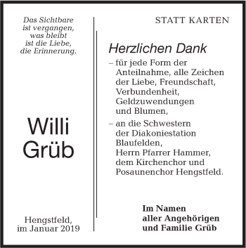 Traueranzeige von Willi Grüb von Hohenloher Tagblatt