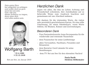 Traueranzeige von Wolfgang Barth von Hohenloher Tagblatt