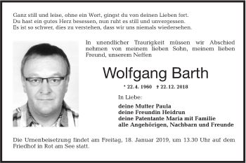 Traueranzeige von Wolfgang Barth von Hohenloher Tagblatt