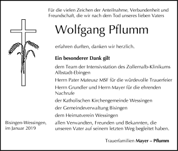 Traueranzeige von Wolfgang Pflumm von Hohenzollerische Zeitung