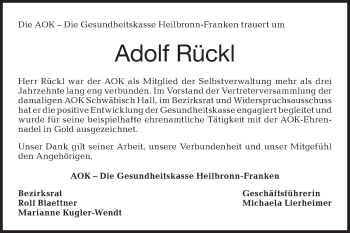 Traueranzeige von Adolf Rückl von Haller Tagblatt