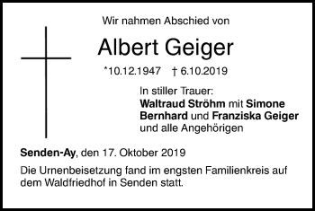 Traueranzeige von Albert Geiger von SÜDWEST PRESSE Ausgabe Ulm/Neu-Ulm