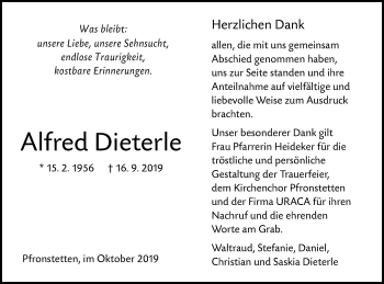 Traueranzeige von Alfred Dieterle von Alb-Bote/Metzinger-Uracher Volksblatt