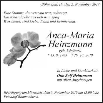 Traueranzeige von Anca-Maria Heinzmann von Geislinger Zeitung