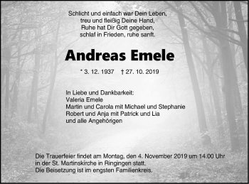 Traueranzeige von Andreas Emele von Hohenzollerische Zeitung