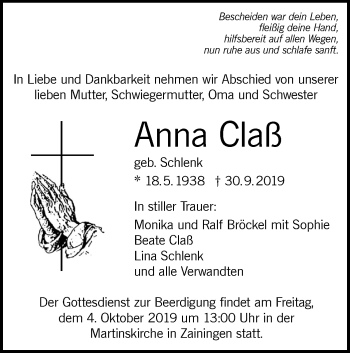 Traueranzeige von Anna Claß von Alb-Bote/Metzinger-Uracher Volksblatt