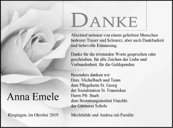 Traueranzeige von Anna Emele von Hohenzollerische Zeitung