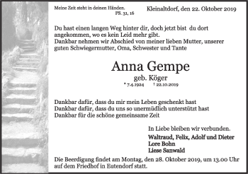 Traueranzeige von Anna Gempe von Rundschau Gaildorf