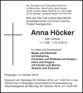 Traueranzeige von Anna Höcker von SÜDWEST PRESSE Ausgabe Ulm/Neu-Ulm