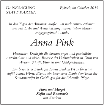 Traueranzeige von Anna Pink von Geislinger Zeitung