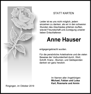 Traueranzeige von Anne Hauser von Hohenzollerische Zeitung