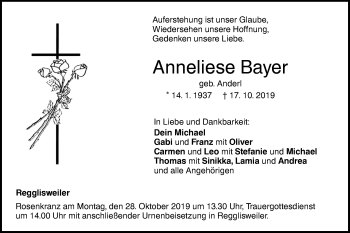 Traueranzeige von Anneliese Bayer von Illertal Bote