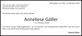 Traueranzeige von Anneliese Göller von Haller Tagblatt