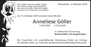 Traueranzeige von Anneliese Göller von Haller Tagblatt